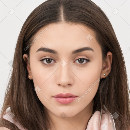 Neutral white young-adult female with long  brown hair and brown eyes