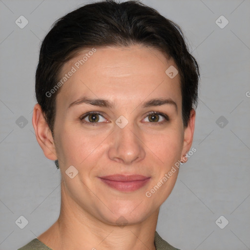 Joyful white adult female with short  brown hair and grey eyes