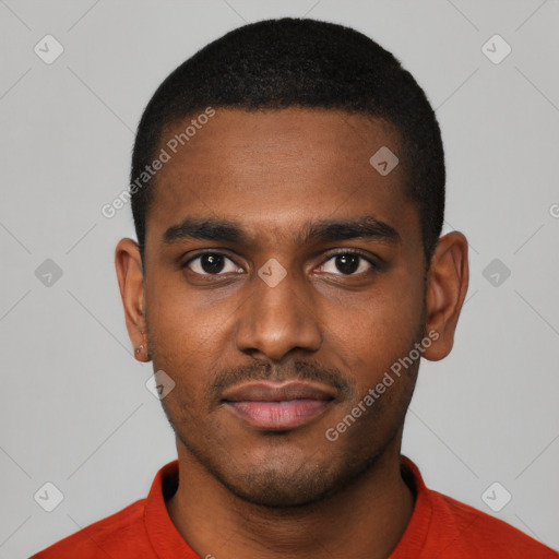 Neutral black young-adult male with short  black hair and brown eyes