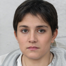 Neutral white young-adult female with short  brown hair and brown eyes