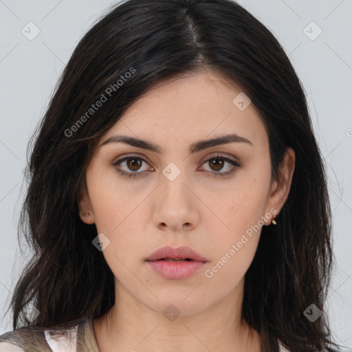 Neutral asian young-adult female with long  brown hair and brown eyes