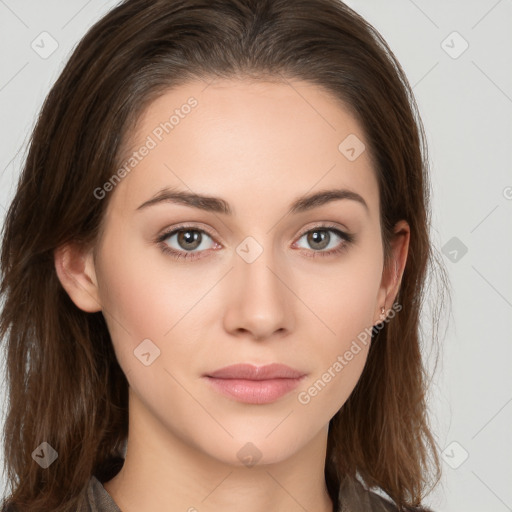 Neutral white young-adult female with medium  brown hair and brown eyes