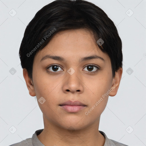 Neutral asian young-adult female with short  black hair and brown eyes