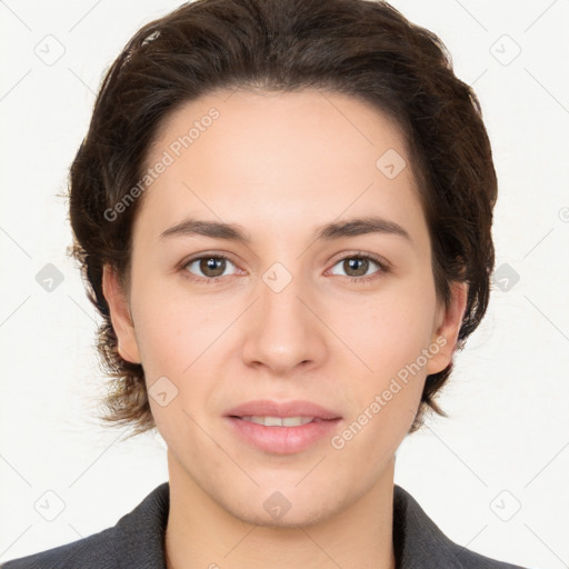 Neutral white young-adult female with medium  brown hair and brown eyes