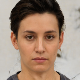 Neutral white adult female with short  brown hair and brown eyes