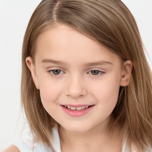 Joyful white child female with medium  brown hair and brown eyes