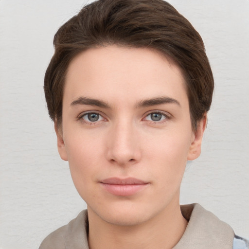 Neutral white young-adult female with short  brown hair and brown eyes