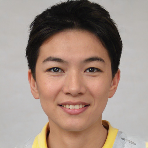 Joyful asian young-adult female with short  brown hair and brown eyes