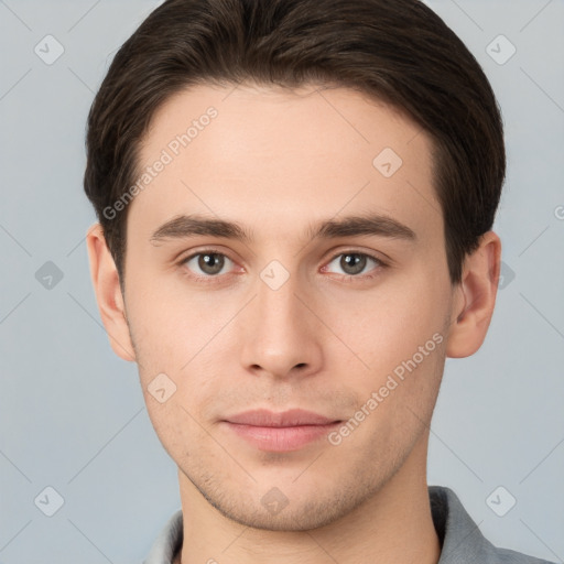 Neutral white young-adult male with short  brown hair and brown eyes