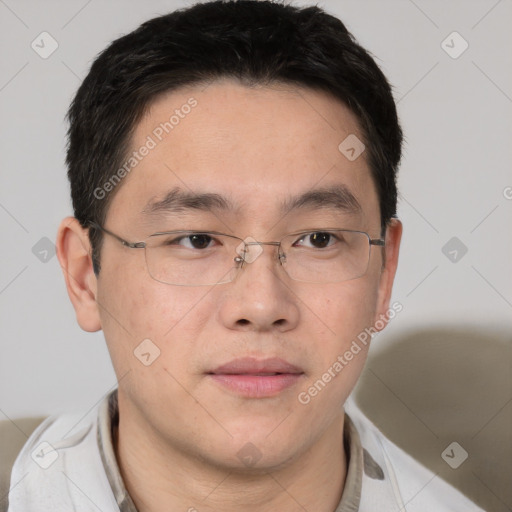 Neutral asian adult male with short  brown hair and brown eyes