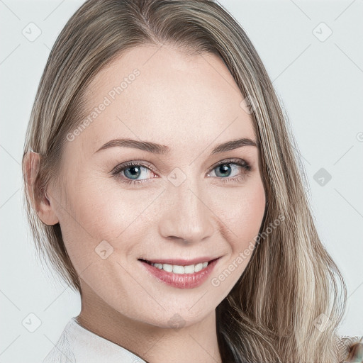 Joyful white young-adult female with long  brown hair and blue eyes