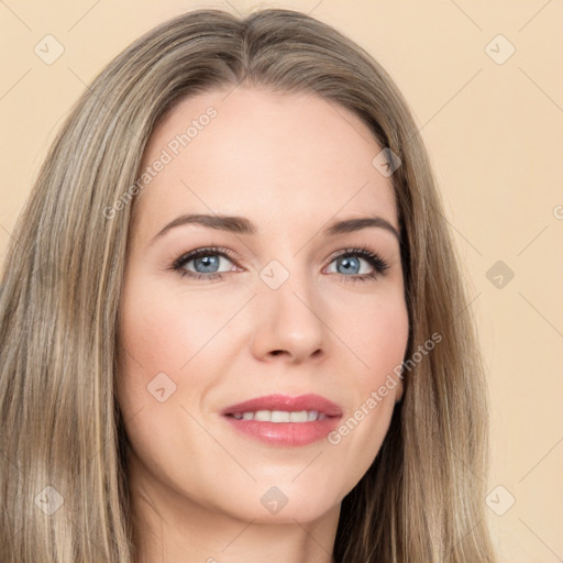 Joyful white young-adult female with long  brown hair and grey eyes