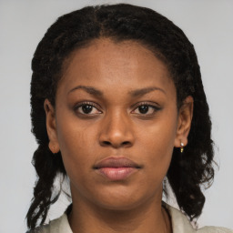 Neutral black young-adult female with short  brown hair and brown eyes