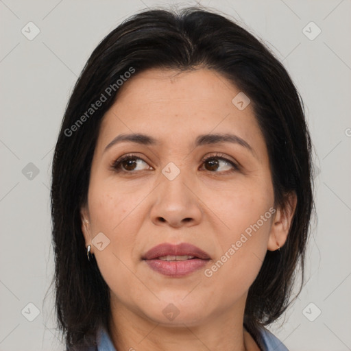 Joyful asian adult female with medium  brown hair and brown eyes