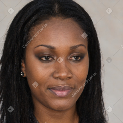 Joyful asian young-adult female with long  brown hair and brown eyes