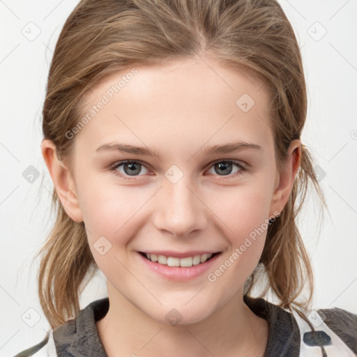 Joyful white child female with medium  brown hair and brown eyes