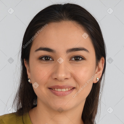 Joyful white young-adult female with long  brown hair and brown eyes