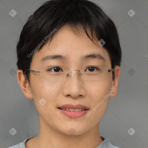 Joyful asian young-adult female with short  brown hair and brown eyes