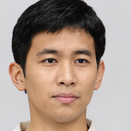 Neutral asian young-adult male with short  brown hair and brown eyes