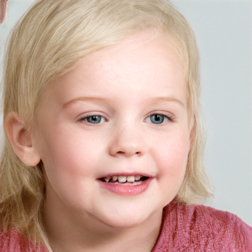 Joyful white child female with medium  blond hair and blue eyes