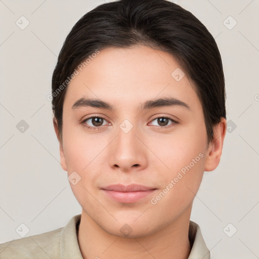 Neutral white young-adult female with short  brown hair and brown eyes