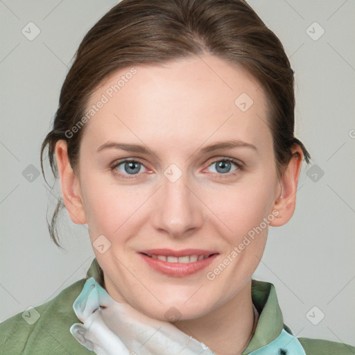 Joyful white young-adult female with medium  brown hair and blue eyes