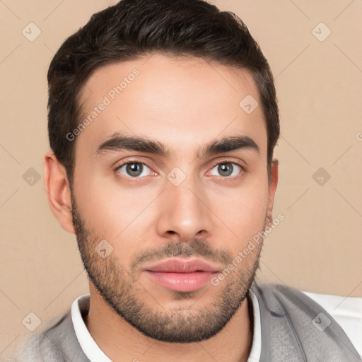 Neutral white young-adult male with short  brown hair and brown eyes