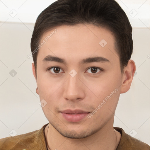 Neutral white young-adult male with short  brown hair and brown eyes