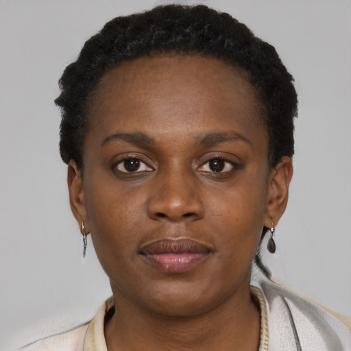 Neutral black young-adult female with short  brown hair and brown eyes