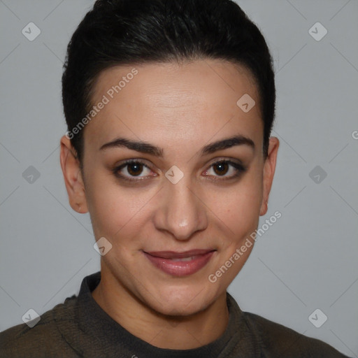 Joyful white young-adult female with short  brown hair and brown eyes