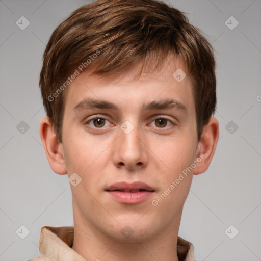 Neutral white young-adult male with short  brown hair and brown eyes