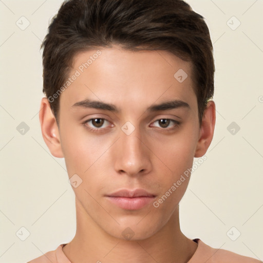 Neutral white young-adult male with short  brown hair and brown eyes