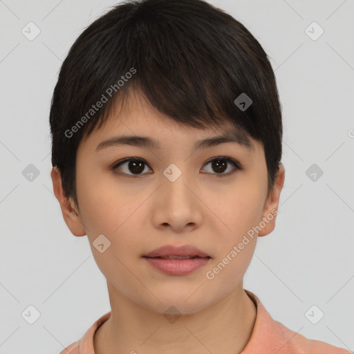 Neutral asian young-adult female with short  brown hair and brown eyes