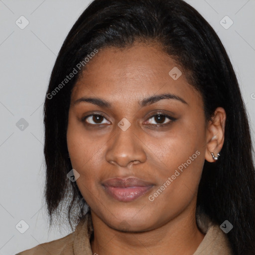 Joyful latino young-adult female with medium  brown hair and brown eyes