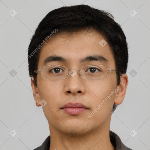 Neutral asian young-adult male with short  black hair and brown eyes