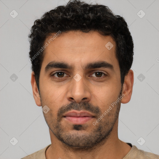 Neutral latino young-adult male with short  black hair and brown eyes