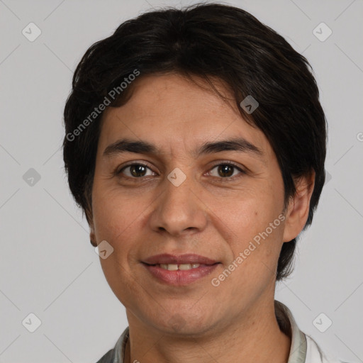 Joyful white adult male with medium  brown hair and brown eyes