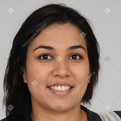 Joyful latino young-adult female with medium  brown hair and brown eyes