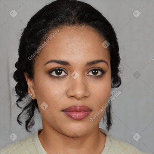 Joyful latino young-adult female with medium  black hair and brown eyes