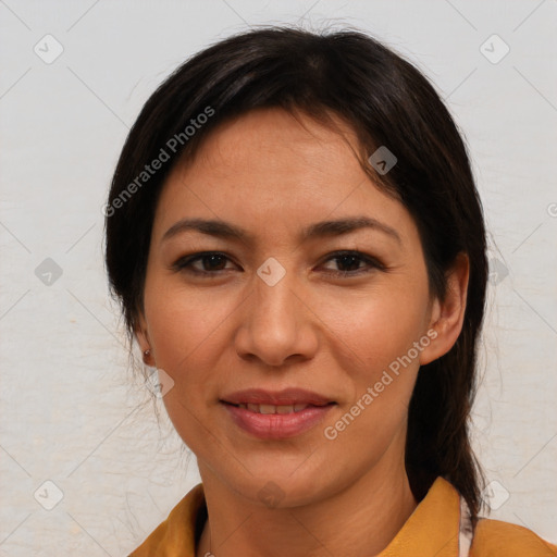 Joyful white young-adult female with medium  brown hair and brown eyes