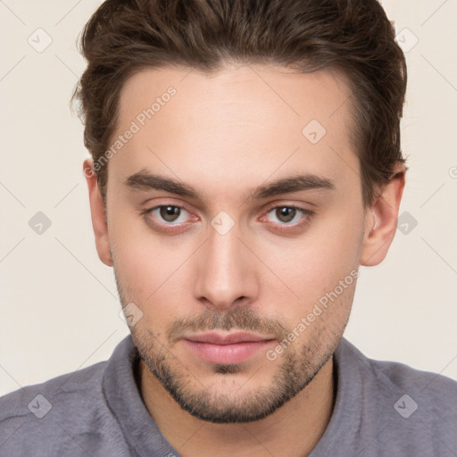 Neutral white young-adult male with short  brown hair and brown eyes