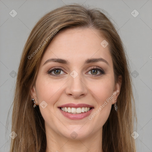 Joyful white young-adult female with long  brown hair and green eyes