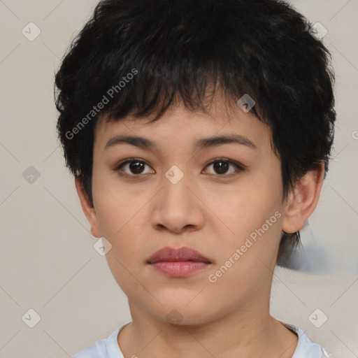 Neutral asian young-adult female with short  black hair and brown eyes
