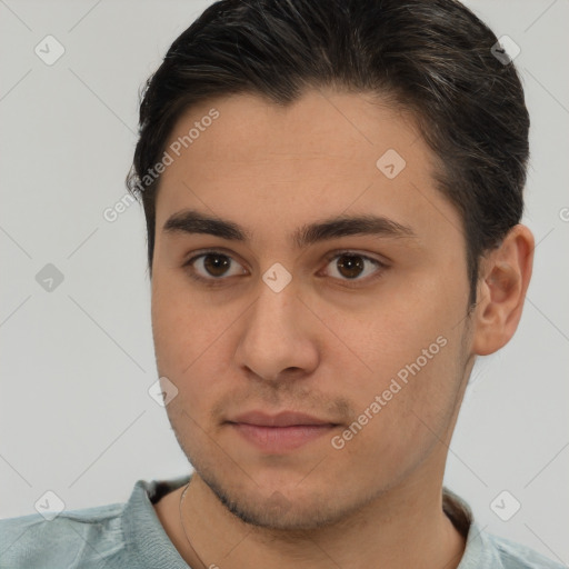 Neutral white young-adult male with short  brown hair and brown eyes