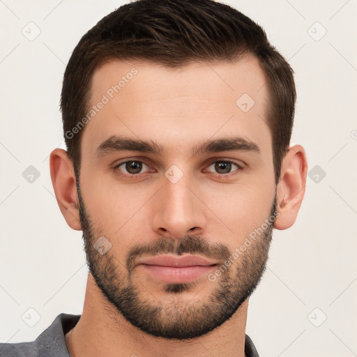 Neutral white young-adult male with short  brown hair and brown eyes