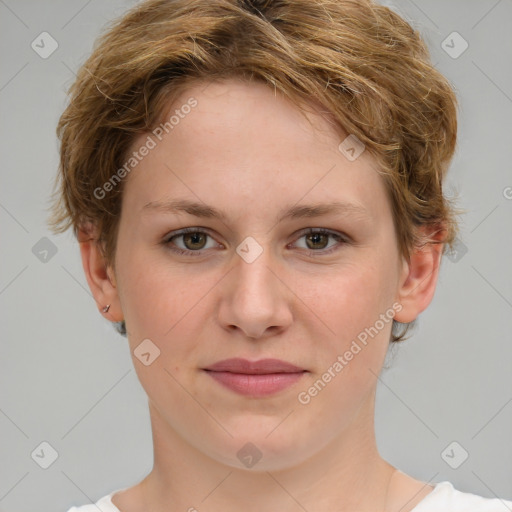 Joyful white young-adult female with short  brown hair and grey eyes