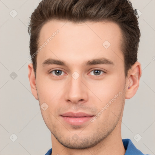 Neutral white young-adult male with short  brown hair and brown eyes