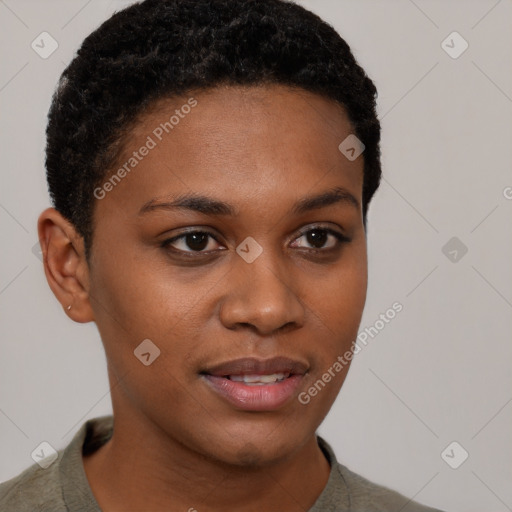 Joyful black young-adult female with short  brown hair and brown eyes