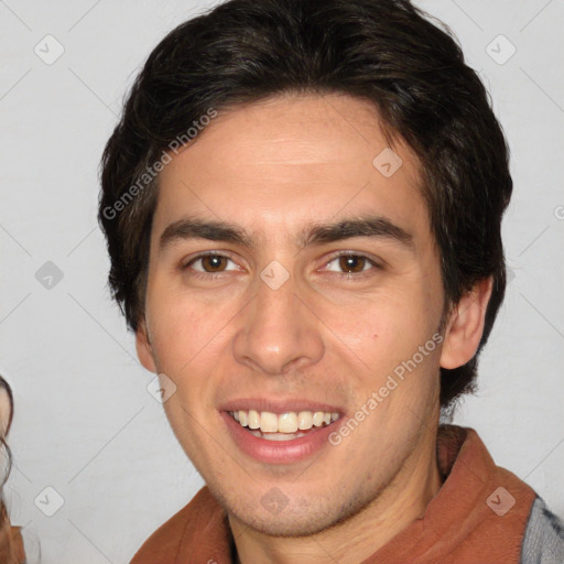 Joyful white young-adult male with medium  brown hair and brown eyes