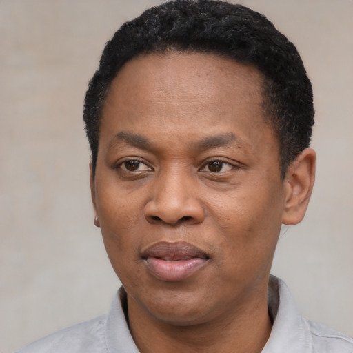 Neutral black adult male with short  black hair and brown eyes